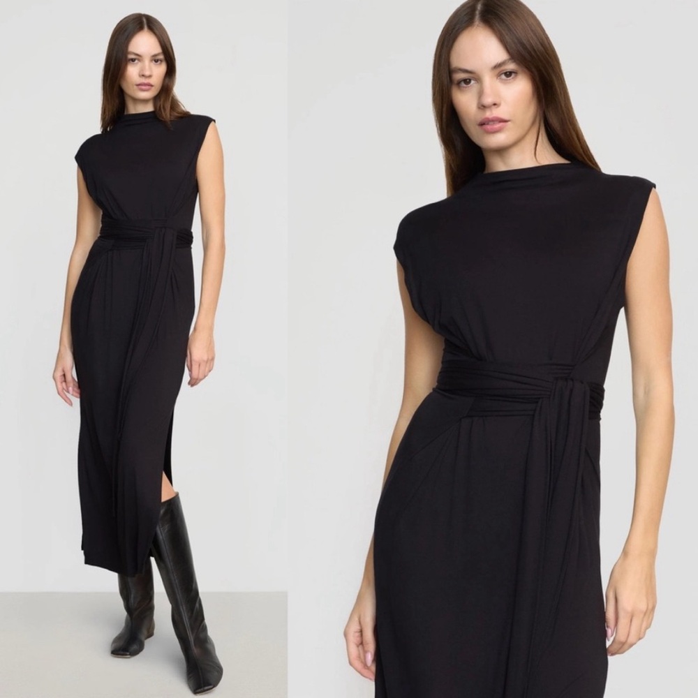 Modern Citizen Black Midi Dress with Waist Tie